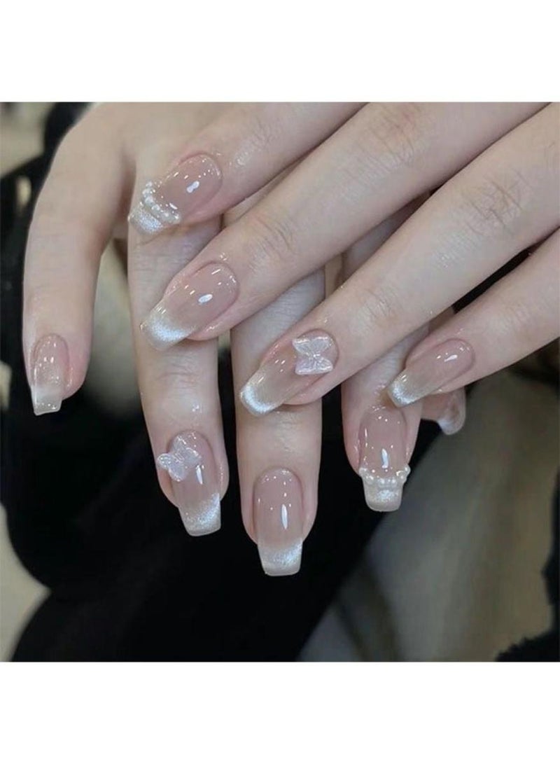 MARYA Aurora French Press On Nails, Short Square Nude Pink Glossy Artificial Nails, 3D White Butterfly and Pearl Decor Reusable Nail Kit for Women - Image 2